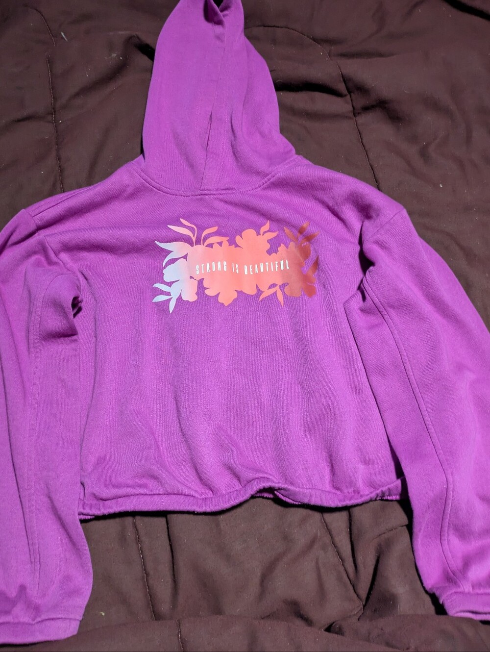 Purple Graphic "Strong Is Beautiful" Light Cropped Hoodie
